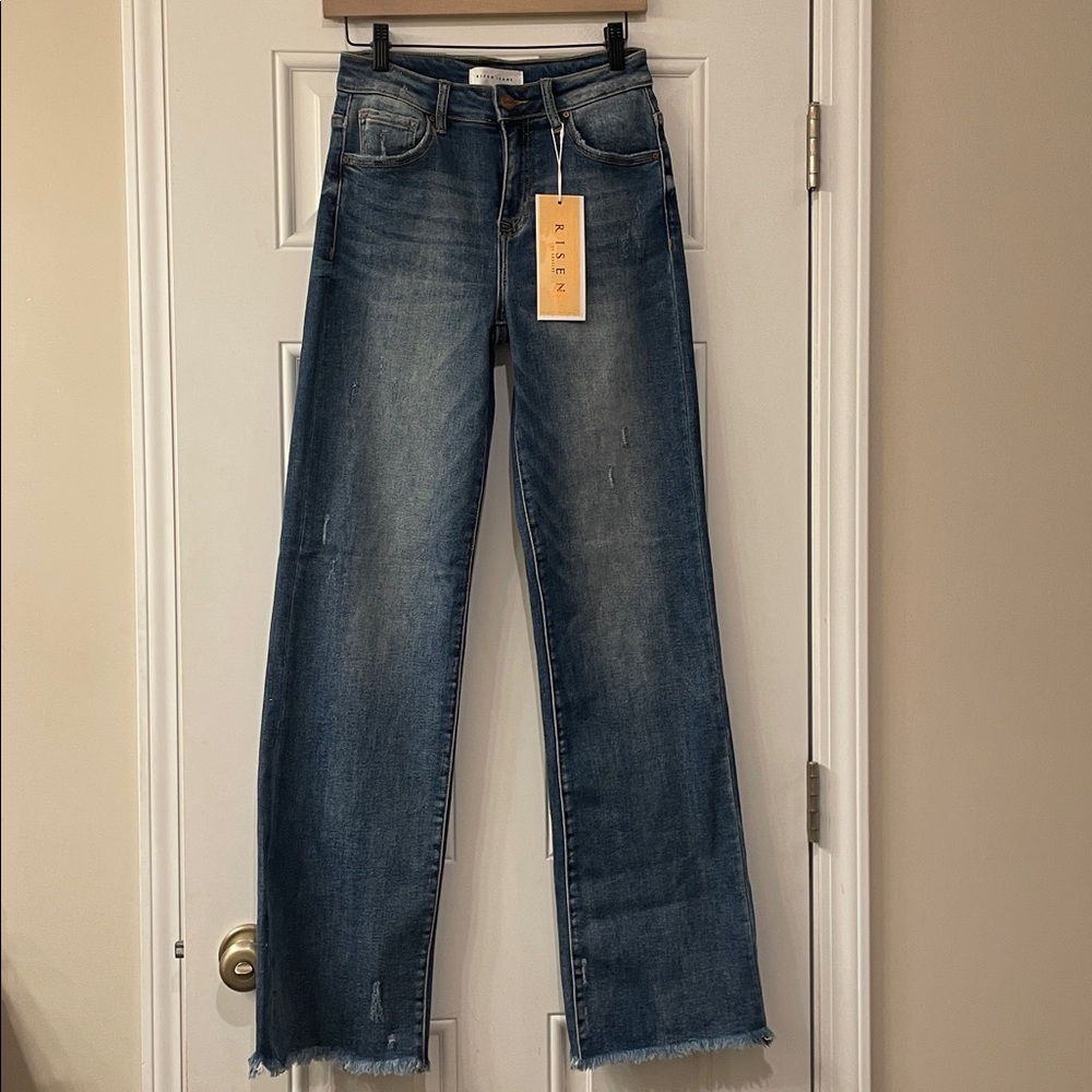 NWT Risen High Waist Straight Leg Dark Wash Long Inseam Frayed Jeans Sz 3/26